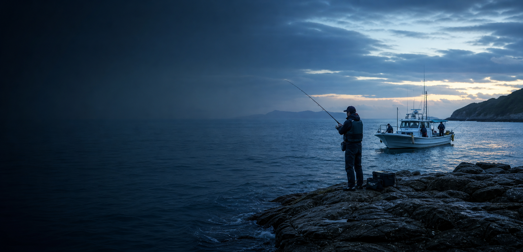 船から釣る人と岸から釣る人が一目で分かる海辺の風景